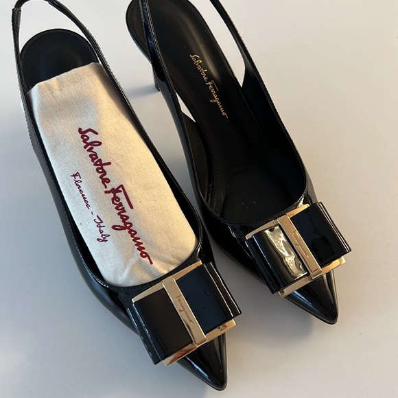 Salvatore Ferragamo Slingback Sandal Black Patent Heels with Gold buckle Size 38 - Picture 9 of 15